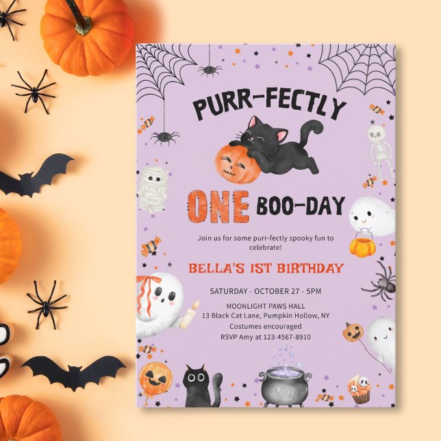 Invitación Purr-fectamente Un Boo-cumpleaños Gato Halloween 1 (Subido por el creador)