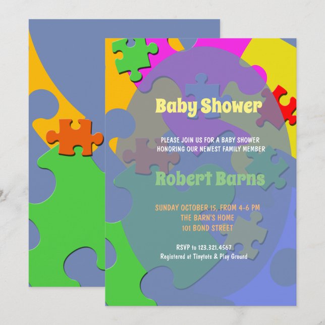 Invitación Puzzle Pieces Boy Baby Shower (Anverso / Reverso)