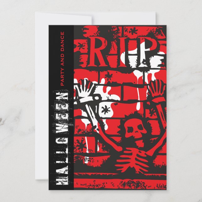 Invitación Q.E.P.D. Sangre y esqueleto de cadena asusta fiest (Anverso)