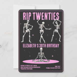 Invitación QEPD 20's Black Pink Funny Skull 30 cumpleaños Fie