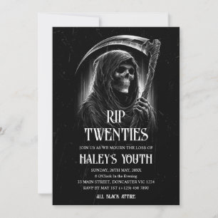 Invitación QEPD funeral gótico de 20 años 30 cumpleaños