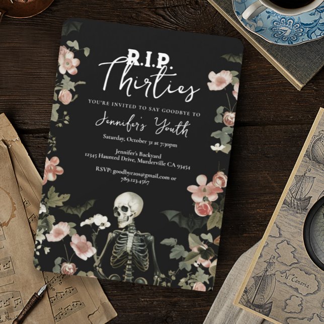 Invitación QEPD Thirties Skeleton Floral 40. Fiesta de cumple (Subido por el creador)