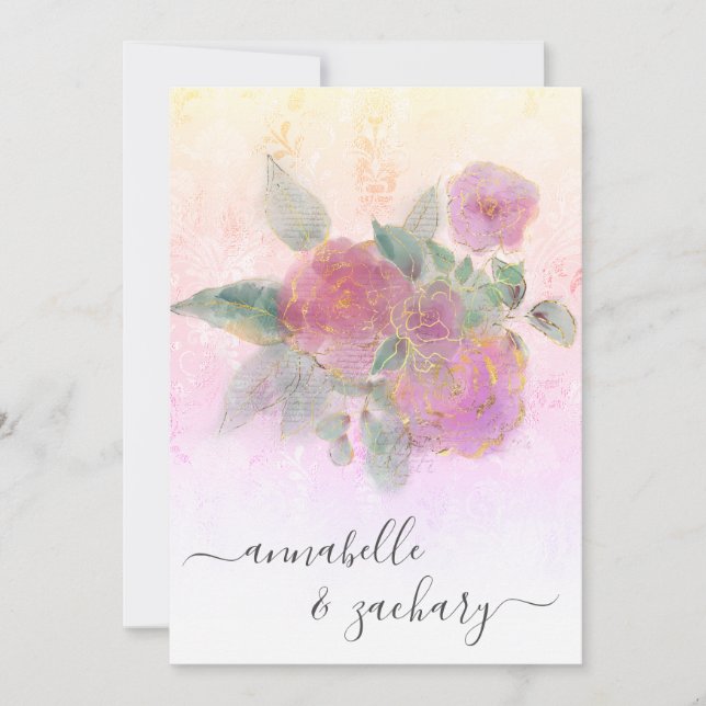 Invitación *~* QR AR AR12 Rosa de Boda RSVP de Damasco Floral (Anverso)