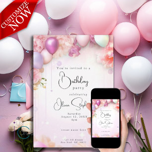 Invitación QR Balones florales rosas y lilac cumpleaños