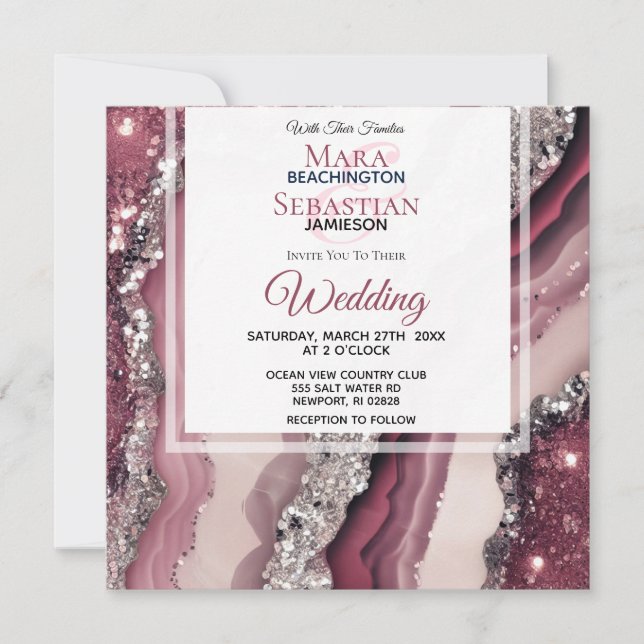 Invitación *~* QR BURGUNDY PINK Agate RSVP AR66 Boda (Anverso)