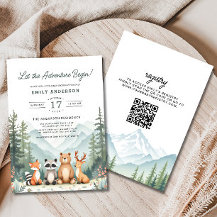 Invitación QR Code Adventure comienza Woodland Baby Shower