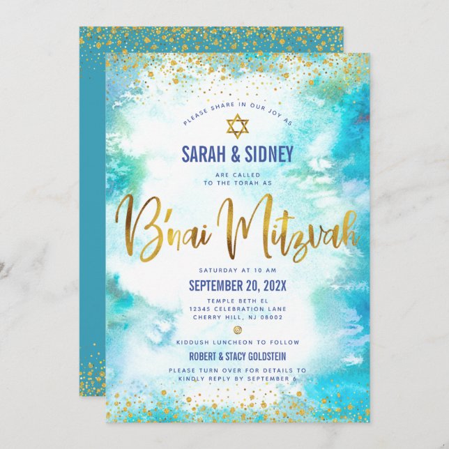 Invitación QR Code B’nai Mitzvah Agua turquesa dorada (Anverso / Reverso)