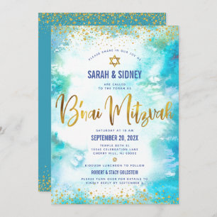 Invitación QR Code B’nai Mitzvah Agua turquesa dorada