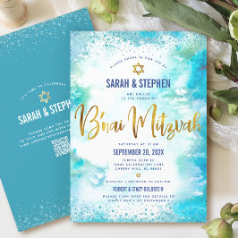 Invitación QR Code B’nai Mitzvah Turquoise Watercolor Gold