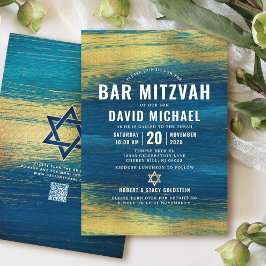 Invitación QR Code Bar Mitzvah Turquoise Relieve metalizado d