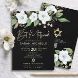 Invitación QR Code Bat Mitzvah Black Gold Floral Script Girly<br><div class="desc">¡Estén orgullosos, regocijaos y exhiban este hito de su Bat Mitzvah favorito! Envíe esta sofisticada, moderna y personalizada invitación al código QR para un evento que recordar. Una moda, impresionante, blanca y falsa purpurina dorada color de agua floral con tipografía de escritura de Relieve metalizado de oro falso y sans...</div>