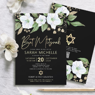 Invitación QR Code Bat Mitzvah Black Gold Floral Script Girly