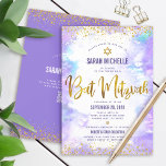 Invitación QR Code Bat Mitzvah Morple Watercolor Gold Purpuri<br><div class="desc">¡Estén orgullosos, regocijaos y exhiban este hito de su Bat Mitzvah favorito! Envíe esta impresionante, moderna y personalizada invitación al código QR para un evento que recordar. Sparkly imitación del guión de Relieve metalizado dorado, puntos purpurinas, Estrella de David y tipografía manuscrita superponen un fondo de color morado claro. En...</div>