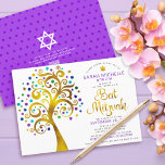 Invitación QR Code Bat Mitzvah Purple Gold Bold Tree of Life<br><div class="desc">¡Estén orgullosos, regocijaos y exhiban este hito de su Bat Mitzvah favorito! Envíe esta invitación de código QR audaz, moderna y personalizada para que un evento recuerde. Un divertido y gráfico árbol de Relieve metalizado de oro falso con brillante color turquesa, verde azulado, morado y azul Estrella de David y...</div>