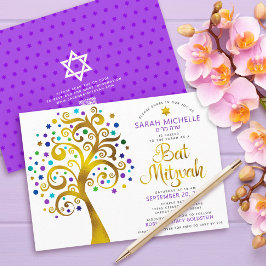 Invitación QR Code Bat Mitzvah Purple Gold Bold Tree of Life