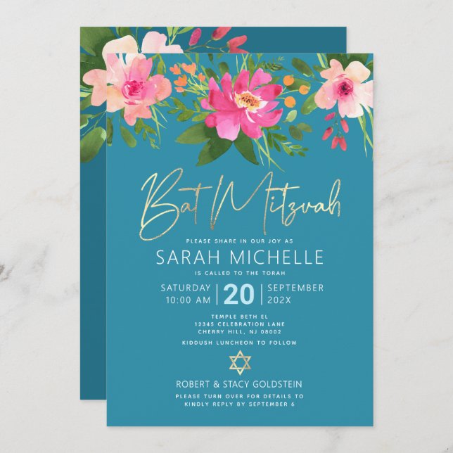 Invitación QR Code Bat Mitzvah Turquoise Floral Gold Script (Anverso / Reverso)