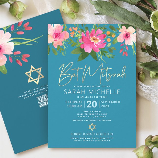 Invitación QR Code Bat Mitzvah Turquoise Floral Gold Script (Subido por el creador)