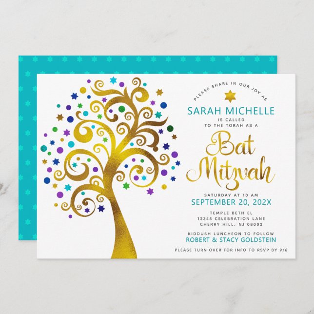 Invitación QR Code Bat Mitzvah Turquoise Gold Tree (Anverso / Reverso)