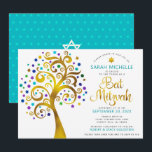 Invitación QR Code Bat Mitzvah Turquoise Gold Tree<br><div class="desc">¡Estén orgullosos, regocijaos y exhiban este hito de su Bat Mitzvah favorito! Envíe esta invitación de código QR audaz, moderna y personalizada para que un evento recuerde. Un divertido y gráfico árbol de Relieve metalizado de oro falso con una estrella brillante turquesa, verde azulada, morada y azul de David y...</div>
