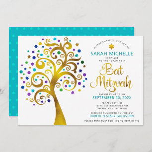 Invitación QR Code Bat Mitzvah Turquoise Gold Tree