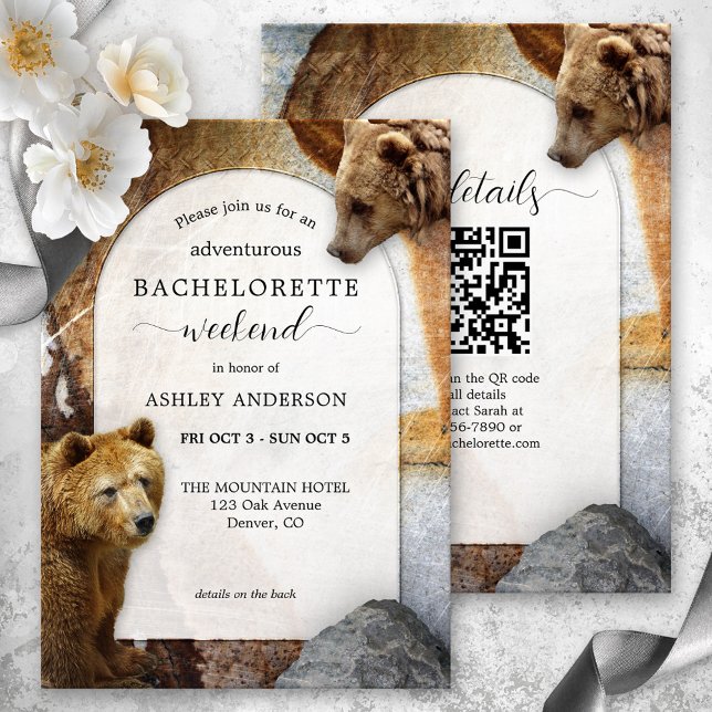 Invitación QR Code Bear Mountain Bachelorette Weekend (Bachelorette weekend invitation featuring two bears on an industrial design background with granite )