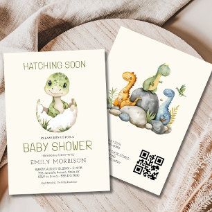 Invitación QR Code Beige Dinosaur Hatching pronto Baby Shower