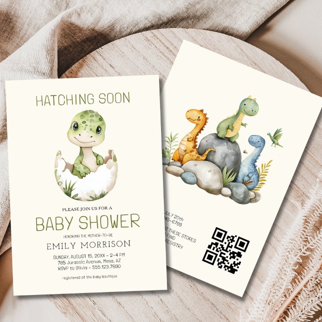 Invitación QR Code Beige Dinosaur Hatching pronto Baby Shower (Subido por el creador)
