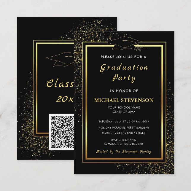 Invitación QR Code Black Gold Glitter Graduation Invitations (Anverso / Reverso)