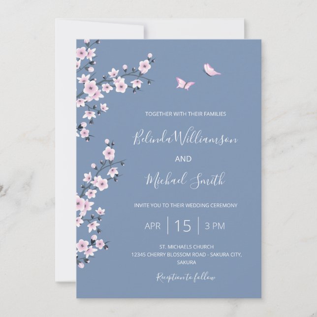 Invitación QR Code Blue Cherry Blossom | Boda chino (Anverso)