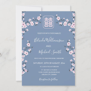 Invitación QR Code Blue Cherry Blossom   Boda chino
