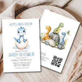 Invitación QR Code Blue Dinosaur Hatching pronto Baby Shower