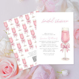 Invitación QR Code Blush Pink Bow Champagne Bridal Shower