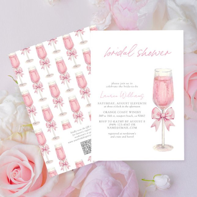 Invitación QR Code Blush Pink Bow Champagne Bridal Shower (Subido por el creador)