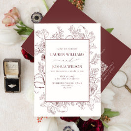 Invitación QR Code Elegant Burgundy Floral Line Art Boda