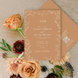 Invitación QR Code Elegant Leaf Terracotta Monogram Wedding