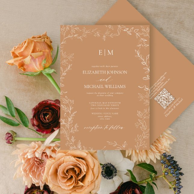 Invitación QR Code Elegant Leaf Terracotta Monogram Wedding (Subido por el creador)
