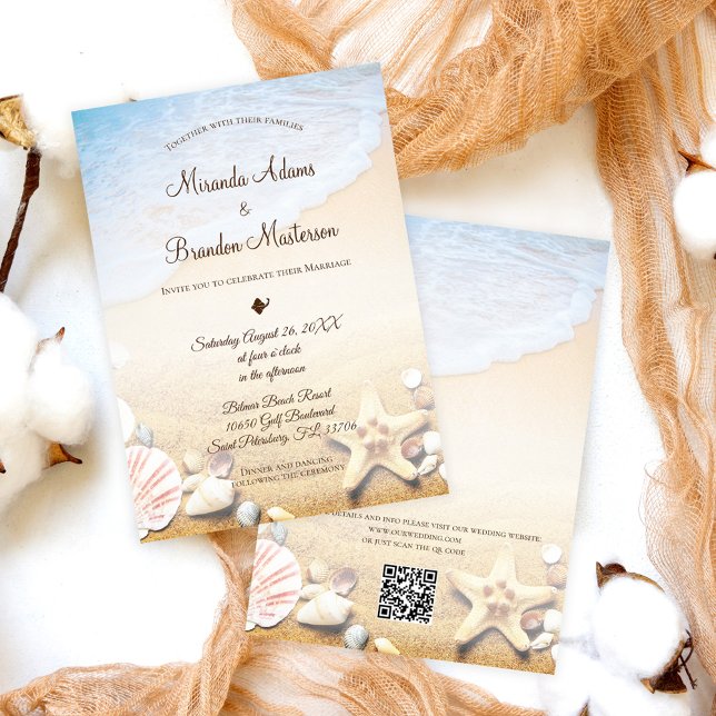 Invitación QR Code Elegant Modern Starfish Beach Wedding (Subido por el creador)