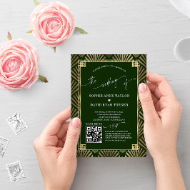 Invitación QR Code Gold Dark Green Art Deco Boda