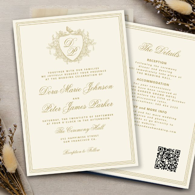 Invitación QR code gold ivory crest monogram wedding (Subido por el creador)