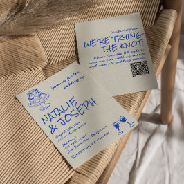 Invitación QR Code Hand Drawn Blue Cake Bows Unique Wedding