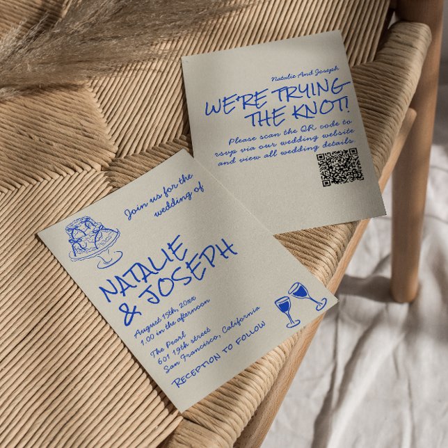 Invitación QR Code Hand Drawn Blue Cake Bows Unique Wedding  (Subido por el creador)