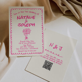 Invitación QR Code Hand Drawn Vivid Pink Retro Funky Wedding