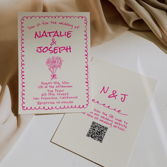 Invitación QR Code Hand Drawn Vivid Pink Retro Funky Wedding (Subido por el creador)