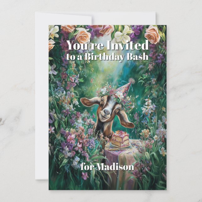 Invitación QR code Happy Birthday Nubian Goat Garden Flowers (Anverso)