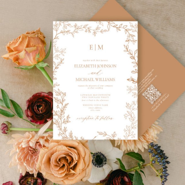 Invitación QR Code Leaf Terracotta Elegant Monogram Wedding (Subido por el creador)