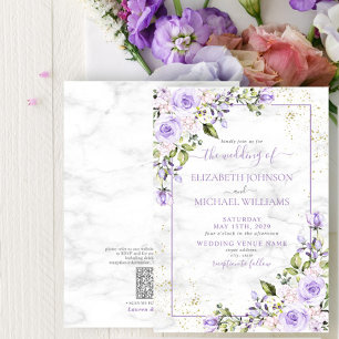Invitación QR Code Lilac Lavender Gold Marble Floral Wedding