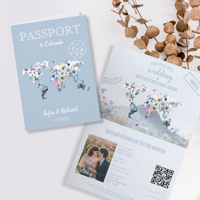 Invitación QR Code Meadow Wedding Destination Passport Map  (dusty blue mountain wedding passport)