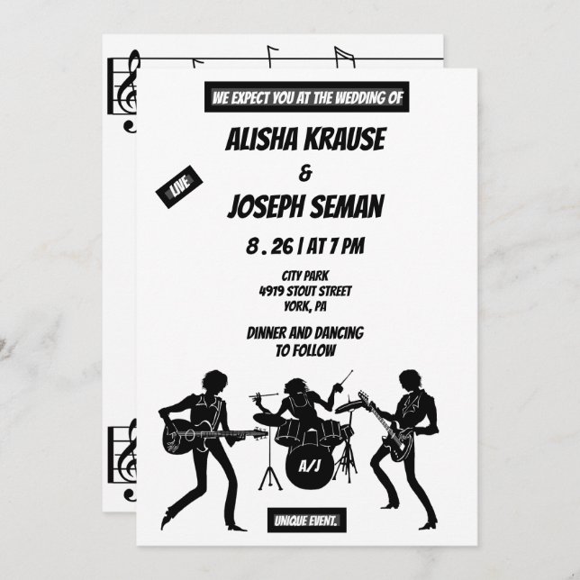 Invitación QR Code Modern Black and Withe Music Boda (Anverso / Reverso)