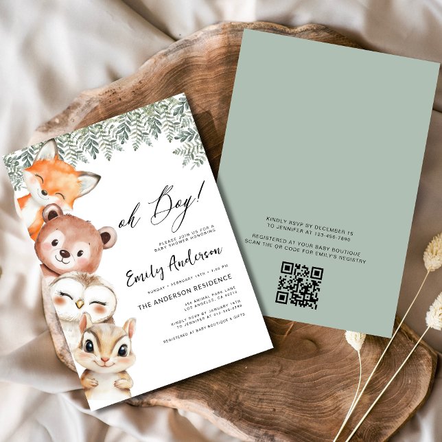 Invitación QR Code Oh Boy! Baby Shower de Woodland Animals (Subido por el creador)