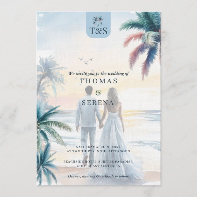 Invitación QR Code Palm Tree Beach Wedding Destination (Anverso)